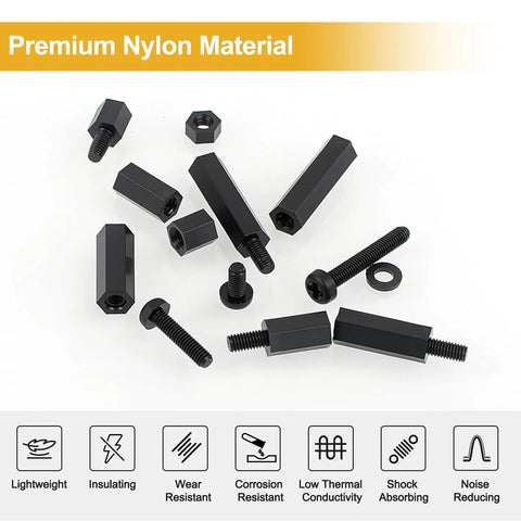 Heavy Duty 620 Piece M3 Hex Standoff And Nylon Screw Assortment Kit Featuring Male Female Spacers including black nylon hex screws and standoffs.