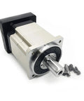 Rock Solid High Precision Helical Gear Planetary Gearbox Servo Reducer with 90mm flange, mounted with shaft options for motor control.