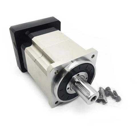 Rock Solid High Precision Helical Gear Planetary Gearbox Servo Reducer with 90mm flange, mounted with shaft options for motor control.