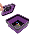 Collapsible Magnetic Parts Tray 4.5 Inch Square Silicone Tool Tray With Double Sided Magnetic Base For Screws Nuts Bolts Pins Car Accessories Purple For Pros And DIYers showing open purple tray with magnetic base.