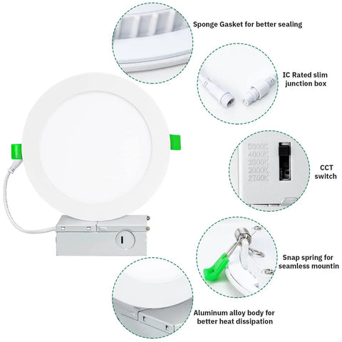 Six Inch Ultra Thin LED Recessed Ceiling Light Kit with Junction Box 5CCT Selectable and Dimmable Features