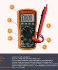 Front view of MM200 Digital Multimeter Auto Ranging 6000 Count Meter with probes, displaying features and buttons.