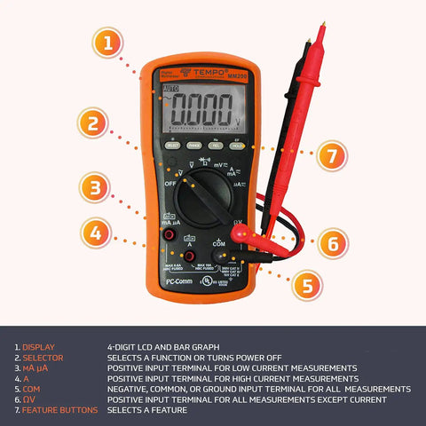 Front view of MM200 Digital Multimeter Auto Ranging 6000 Count Meter with probes, displaying features and buttons.
