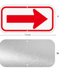 Two Pack Red And White Arrow Signs 12X6 Inch Heavy Duty Aluminum Reflective Directional Markers displayed with front design and back material.