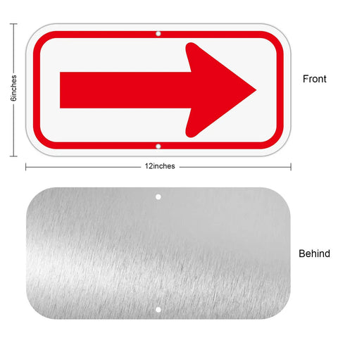 Two Pack Red And White Arrow Signs 12X6 Inch Heavy Duty Aluminum Reflective Directional Markers displayed with front design and back material.