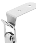 Close-up of stainless steel box latch with hook design, no keyhole needed, spring-loaded toggle clasp, heavy duty draw catch.