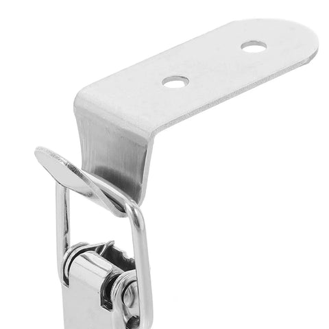 Close-up of stainless steel box latch with hook design, no keyhole needed, spring-loaded toggle clasp, heavy duty draw catch.