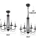 Dope Five Light Farmhouse Chandelier Black Candle Style Ceiling Light Fixture shown with adjustable chain and dimensions