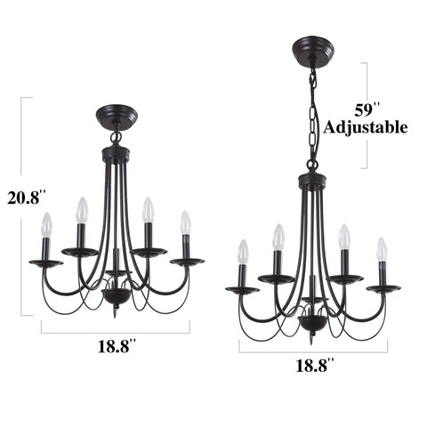 Dope Five Light Farmhouse Chandelier Black Candle Style Ceiling Light Fixture shown with adjustable chain and dimensions