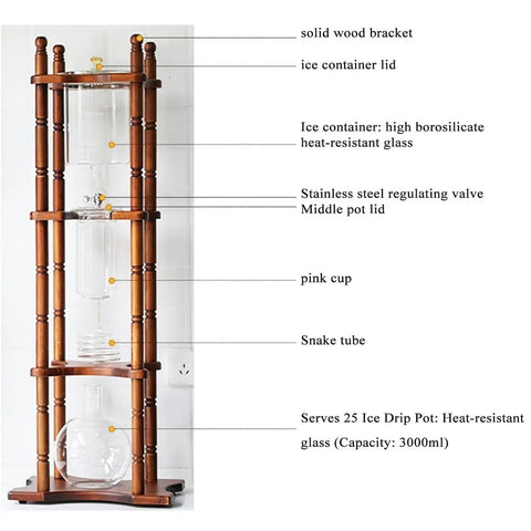 Dope Slow Drip Cold Brew Coffee Tower With Adjustable Dripper And Spacious 3000Ml Glass Jug Built For Big Batch smooth design with wooden stand.
