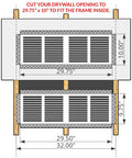 Installation diagram of the Removable Mud In Flush Cold Air Return Vent Cover And Register, fits 32 by 12.25 inch openings.
