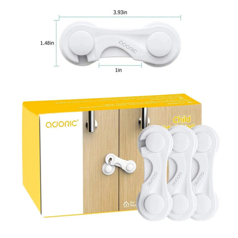 Four Pack Child Safety Cabinet Locks For Baby Proofing Kitchen And Home With Ultra Strong Adhesive Tape shown with box