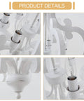 Close-up details of Farmhouse Six Light Wood Chandelier In Distressed White With Cozy Vibe And Warm Glow for dining room.