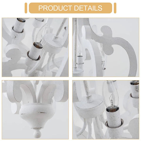 Close-up details of Farmhouse Six Light Wood Chandelier In Distressed White With Cozy Vibe And Warm Glow for dining room.