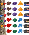 18 Piece Tree Climbing Holds Set With Six Ten Foot Ratchet Straps arranged on a tree, colorful resin holds for outdoor use.