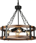 Dope Farmhouse Rustic Wood Drum Chandelier With Black Metal Accents, 4 Light Pendant For Dining Room Kitchen Living Room
