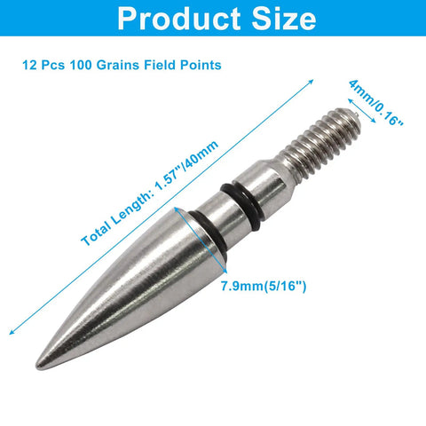 12 Pack 100 Grain Archery Field Points For Five Sixteenth Inch Arrows, Practice Tips showing size dimensions in detail