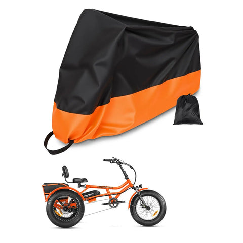 Heavy Duty Outdoor Tricycle And Bicycle Cover For Two Bikes 210D Waterproof Polyester Large 90.5L 37.4W 49.2H Fits Adult Trikes And E Bikes Windproof Dustproof Storage All Weather Outdoor Shield Orange, black and orange cover shown with storage bag
