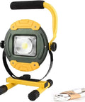 30W Portable Floodlight, Led Construction Flood Lights Outdoor Waterpr with handle and USB cable, yellow and green design.