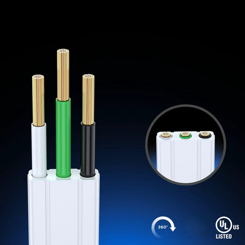 Inner wiring of 360 Degree Rotating Flat Extension Cord With 3 Outlets, 10 Ft Grounded 16 AWG UL Certified, copper wires exposed