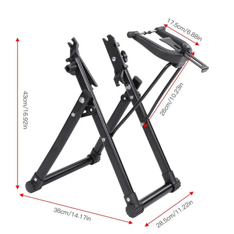 Foldable Wheel Truing Stand For 16 To 29 Inch Wheels, compact design, pro grade tire maintenance holder, with adjustable upper notches.