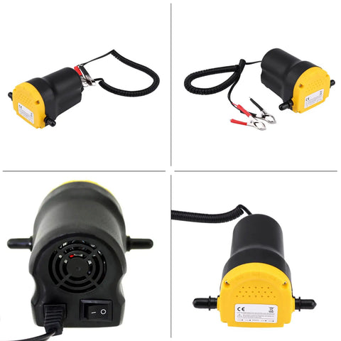 Efficient 12V Electric Fluid Extractor Pump With Battery Clamps For Quick And Clean Oil Transfer On Cars Motorcycles And Quads, showing compact design and connectors.