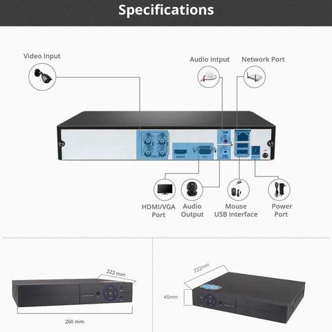4 Channel 1080P 5 In 1 HD Analog Hybrid DVR NVR System With Plug And Play Setup Supports Up To 2MP AHD TVI CVI 960H Analog And Up To 5MP IP Cameras For CCTV Surveillance Video Recorder With Preinstalled 1TB HDD back view with ports and dimensions