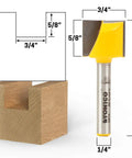 Bottom Cleaning Router Bit, 3/4 Inch Diameter, 5/8 Inch Cutting Depth, 1/4 Inch Shank, C3 Tungsten Carbide shown with cut dimensions