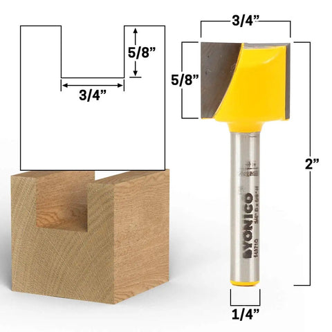 Bottom Cleaning Router Bit, 3/4 Inch Diameter, 5/8 Inch Cutting Depth, 1/4 Inch Shank, C3 Tungsten Carbide shown with cut dimensions