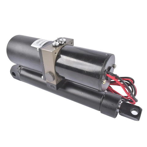 Big Hitter 12V Hydraulic Linear Actuator With 8 Inch Stroke And 1700 Lbs Max Thrust, showing electric motor and hydraulic cylinder.