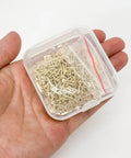 Hand holding a plastic box with Gold Mini Brass Hinges Set For Dollhouse And Tiny Furniture, 100 Pcs 10x8mm 180 Degree Swing Hinges With 400 Mounting Nails
