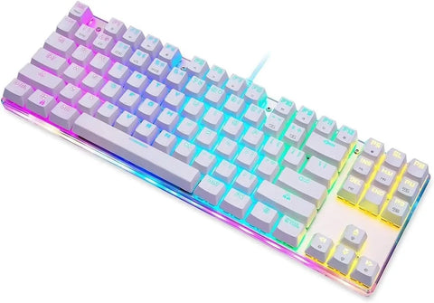 Wired Mechanical Gaming Keyboard With Slick Clicky Feel And Vivid RGB Backlight Built For PC Players Demanding Lightning Fast Typing Through Nine Flashing Light Designs To Straight Up Upgrade Your Entire Desk Setup.