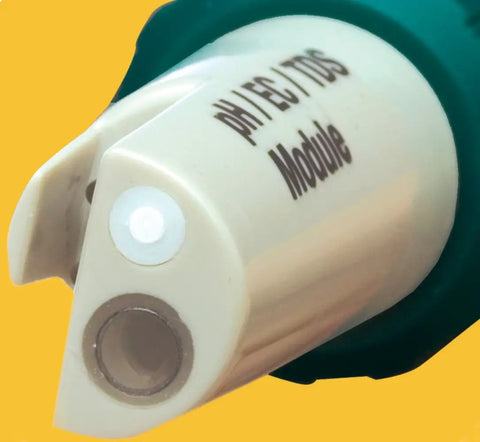 Close-up of the Waterproof ExStik II pH and Conductivity Meter with All-In-One Electrode, showing module features.