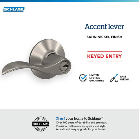 Accent Door Lever With Keyed Entry Lock In Satin Nickel, Easy Install Self Aligning Screws, Front Door Security Upgrade, Reliable Home Entry Hardware For Quick Lock And Go