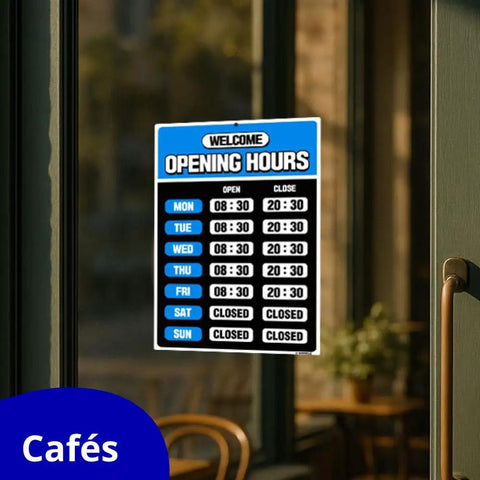 Blue PET Business Hours Sign Kit For Store Glass Door With Number Stickers And Double Sided Tape 7.9 By 11.9 Inches Easy Install