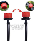 Close-up of 100Pcs 360 Degree Adjustable Irrigation Drippers Sprinklers for DIY Home Garden Watering System, red caps, flow control.