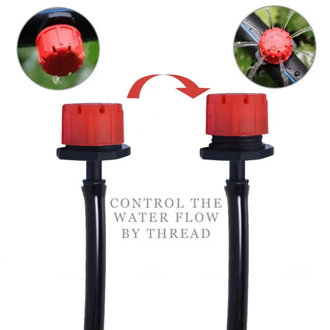 Close-up of 100Pcs 360 Degree Adjustable Irrigation Drippers Sprinklers for DIY Home Garden Watering System, red caps, flow control.