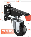 Heavy Duty Retractable Workbench Casters Kit 720 Lb Capacity side mounted caster with dimensions and orange pedal