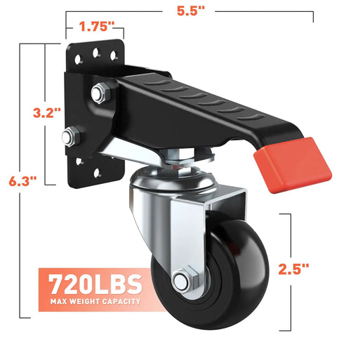 Heavy Duty Retractable Workbench Casters Kit 720 Lb Capacity side mounted caster with dimensions and orange pedal