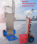 Heavy Duty Electric Stair Climber Cart With Removable 48V Battery And Silent Brushless Motor For Moving Heavy Loads Upstairs Effortlessly displayed in blue and red, showcasing dual designs.