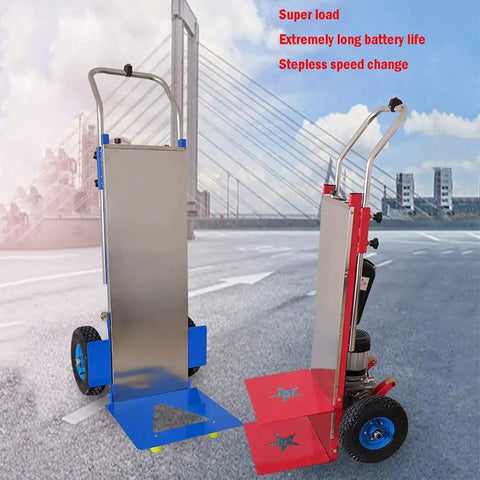 Heavy Duty Electric Stair Climber Cart With Removable 48V Battery And Silent Brushless Motor For Moving Heavy Loads Upstairs Effortlessly displayed in blue and red, showcasing dual designs.