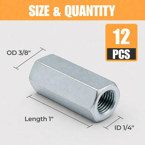 1/4-20 Hex Coupling Nut Set, Zinc-Plated Carbon Steel Rod Coupler, Heavy-Duty Joiner, Pack of 12, shown with dimensions