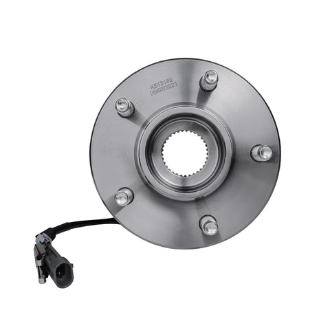 Beefed Up Front Wheel Bearing Hub Assembly Pair For 2002 To 2007 Saturn Vue, 2005 To 2006 Chevy Equinox, 2006 Pontiac Torrent, 5 Lugs, 3 Bolt Triangular Flange, 4 Wheel ABS, Left Front Replacement Set close-up view