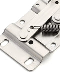 Close-up of nickel plated steel hinge from 2 Pack Tip Out Tray Hinges For Kitchen Sink And Bathroom Cabinets, scissor hinge design.