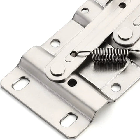 Close-up of nickel plated steel hinge from 2 Pack Tip Out Tray Hinges For Kitchen Sink And Bathroom Cabinets, scissor hinge design.