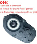 Close-up of 12V 35000RPM RS550 Beefed Up High Speed Motor Gearbox Upgrade with black casing and visible gears.