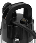 Close-up of Tough Workhorse Stainless Steel Submersible Sump Pump with handle, showing 300W DC motor and cord for water moving tasks.