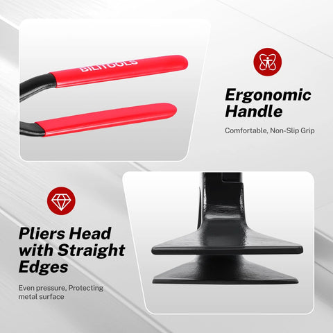 Close-up of Three Piece Hand Seamer Set For Sheet Metal Bending With Straight 45 Degree And 90 Degree Jaws Two And Three Eighths Inch Wide Pliers showing ergonomic handle and pliers head with straight edges.