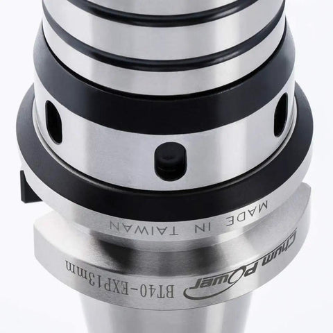 BT40 CNC Universal Chuck Holder with beefy titanium jaws and one piece integral design, close-up of clamp section and branding.
