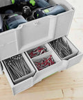 Sys3 Combo M Drawer Systainer With Front Access In A Tower Pro Grade Tool Organizer showing open drawer with dividers and tools